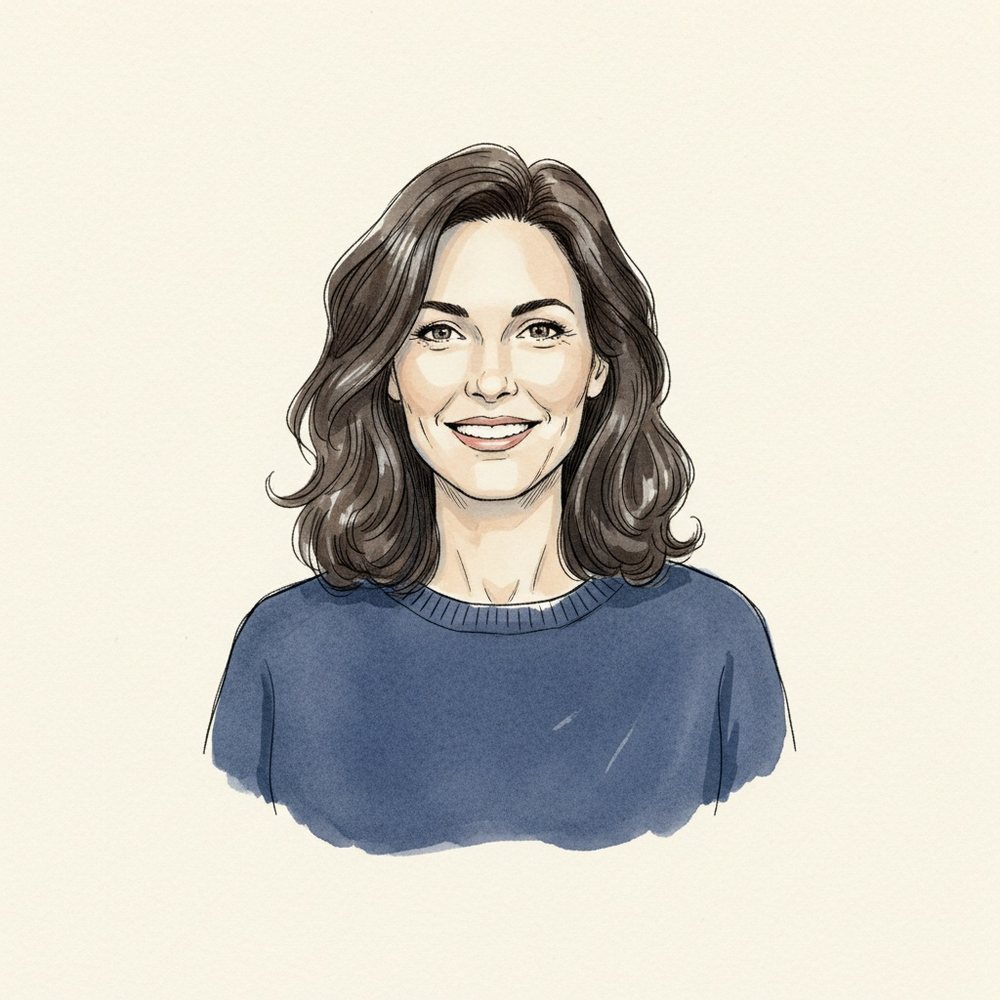 Portrait de Delphine Mendes, rédactrice en chef, dessiné à l'encre et à l'aquarelle